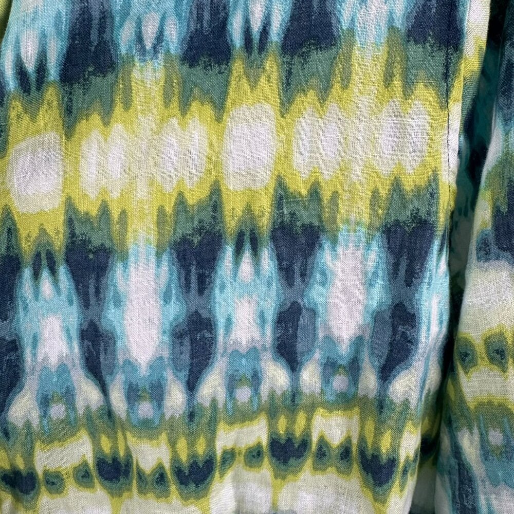 Chico's No Iron 100% Linen Watercolor Tie Dye Green Blue Button Down Size 12 - Picture 5 of 6